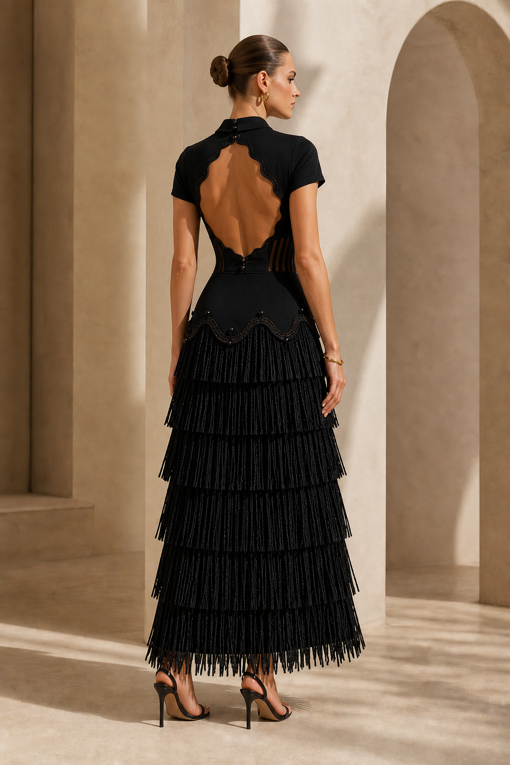 Black Yao Raffia Maxi Dress back view showing petal-shaped opening